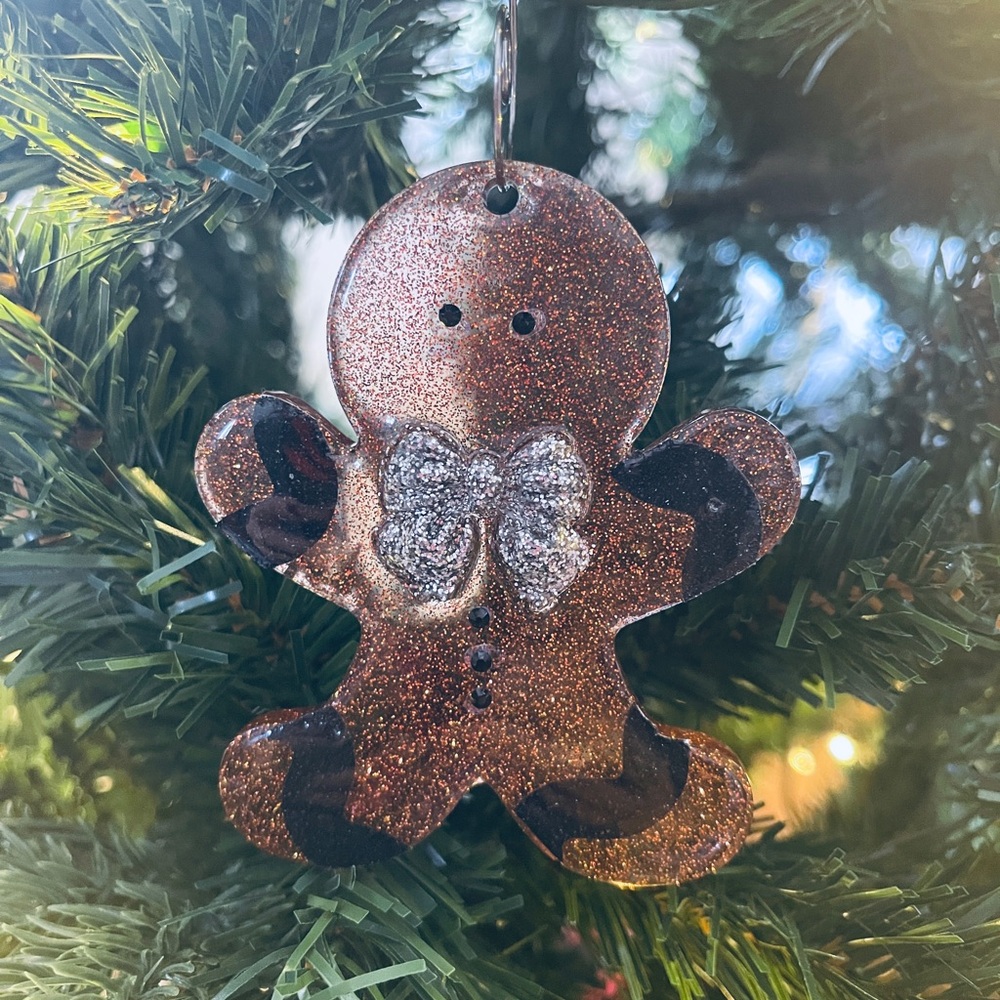 Glittery Brown Gingerbread Ornament with Silver Bow